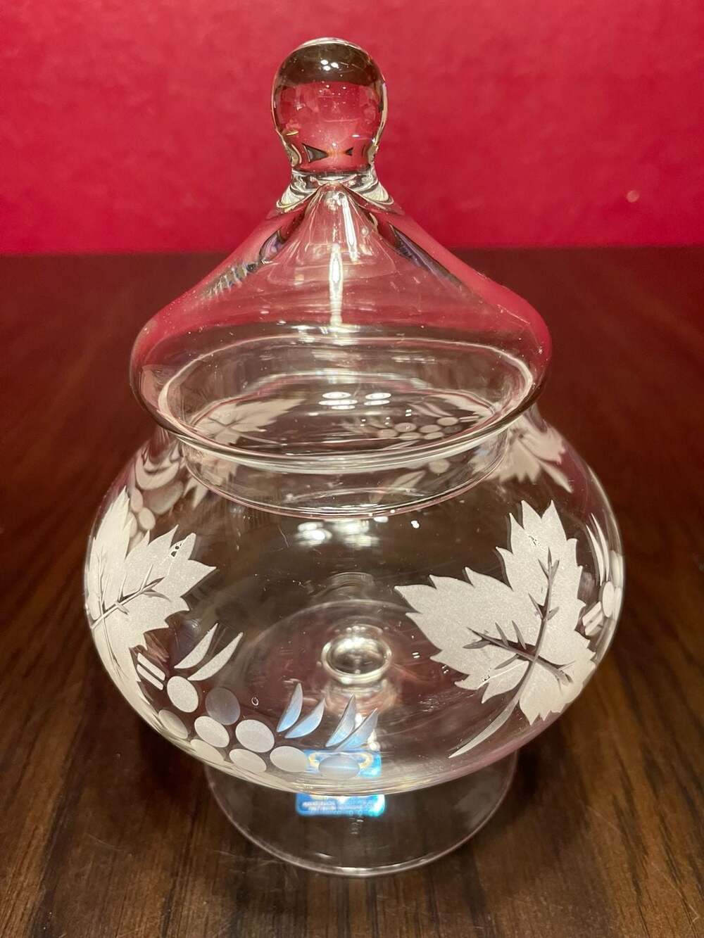 Vntg Pasabahce Decorative Blown Glass Candy Dish with Lid. Etched Grape & Leaf P